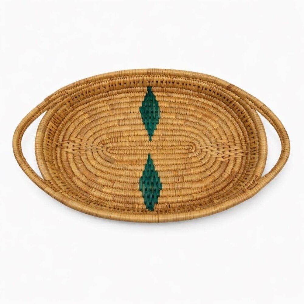 Serving Basket Tray Handled  Woven Wicker African Handmade Vintage Turquoise Des